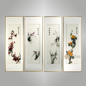 已售 伊飛湘繡家居掛畫沙發背景墻純手工刺繡梅蘭竹菊四條屏客廳裝飾畫 kd0325