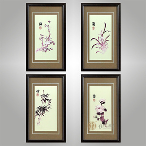 伊飞湘绣家居挂画纯手工刺绣梅兰竹菊四页条屏客厅装饰画 h10005 客厅挂画  玄关  装饰画 书房
