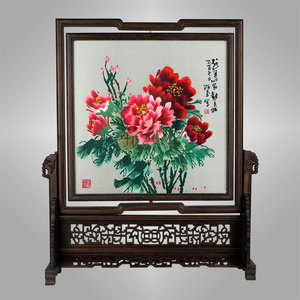 伊飞湘绣纯手工刺绣双面绣家居摆件鸡翅木 花卉 桌面摆件 s0614