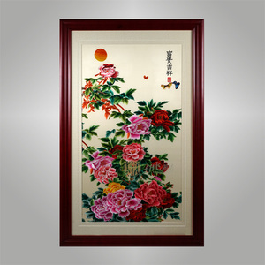 伊飛湘繡家居掛畫純手工刺繡單面繡富貴吉祥 牡丹 花卉 客廳玄關書房辦公室裝修壁畫dh03002019